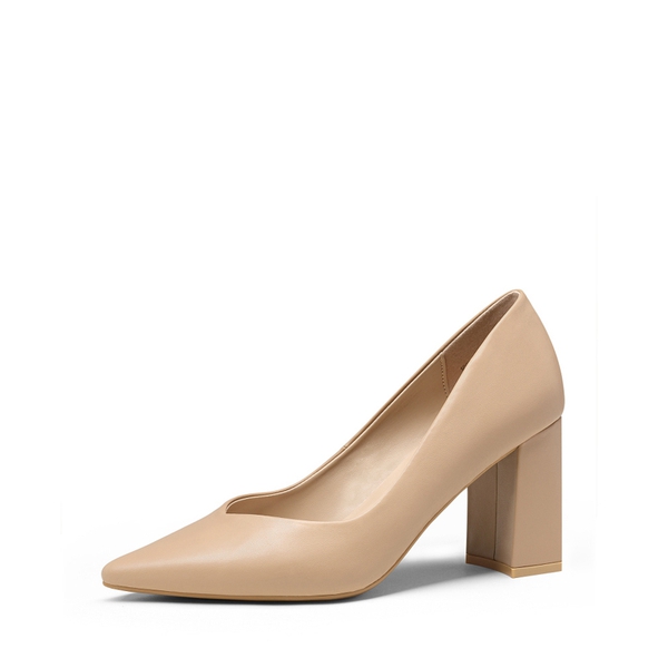 Pointed Toe Chunky High Heel Pumps - NUDE PU -  0